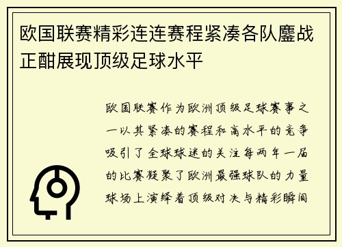 欧国联赛精彩连连赛程紧凑各队鏖战正酣展现顶级足球水平