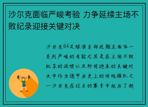 沙尔克面临严峻考验 力争延续主场不败纪录迎接关键对决