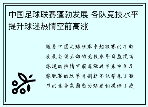 中国足球联赛蓬勃发展 各队竞技水平提升球迷热情空前高涨