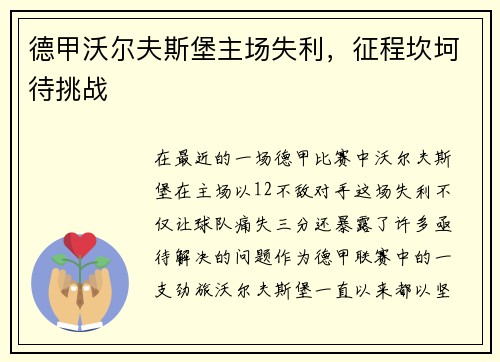 德甲沃尔夫斯堡主场失利，征程坎坷待挑战