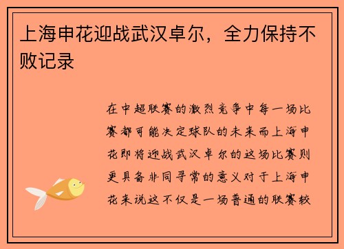 上海申花迎战武汉卓尔，全力保持不败记录