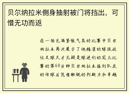 贝尔纳拉米侧身抽射被门将挡出，可惜无功而返