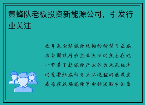 黄蜂队老板投资新能源公司，引发行业关注